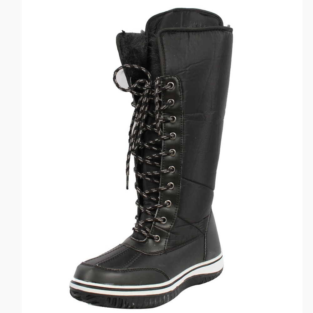 Black Nylon Lace Up Faux Fur Cuff Winter Snow Boot - Picture 2 of 8